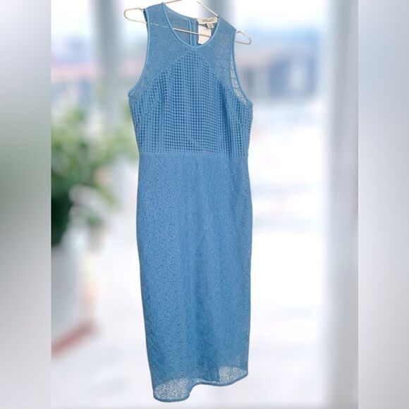 DIANE VON FURSTENBURG DVF Sleeveless Blue Mixed Lace Midi Sheath Dress Size 12 - Picture 10 of 16